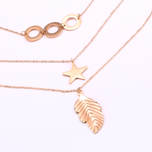 Vícevrstvý dámský řetízek s lístkem a hvězdičkou - rosegold